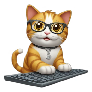 smart happy cat with glasses writing on computer keyboard sticker