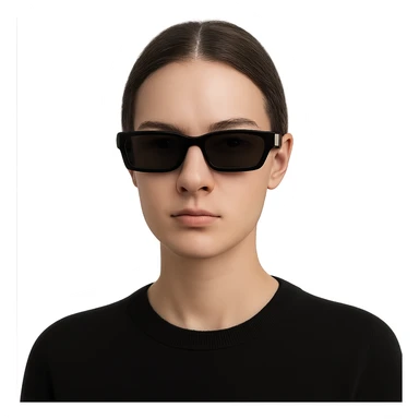 a woman wearing black rectangular sunglasses, neutral expression, simple background, headshot, modern look sticker