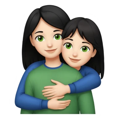 a girl with black hair and green eyes hugging a boy with brown hair and brown eyes, both smiling, emoji style sticker