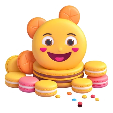 joyful emoji-style face made from a macaron, big sparkling eyes, wide smile, pastel colors, tiny candy decorations, expressing happiness and love for desserts sticker