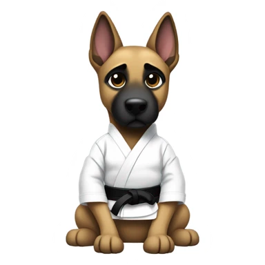Malinois wearing white jiujitsu gi with a black belt sticker