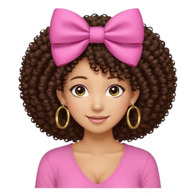 Naturally tan skin girl short darkBrown curly afropink shirt very long lashes hoop gold earrings Brown eyes gyaru smiling closed mouth cute bow hairclip small on the side. V neck pink shirt. Teenager sticker