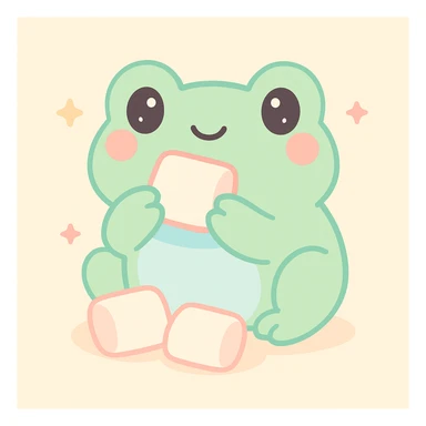 a whimsical frog munching on marshmallows, colorful, fun, lighthearted sticker