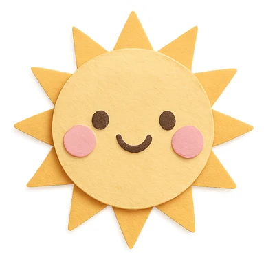 kawaii bright sun, smiling face, pink cheeks, soft pastel palette, no arms or legs, full body, paper craft style sticker