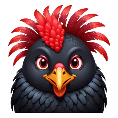 Cinematic Cute Black Chicken Portrait Emoji, Head tilted playfully and inquisitively, featuring sleek, lustrous black feathers and a vibrant red comb, round, sparkling beady eyes filled with curiosity, Simplified yet irresistibly adorable features, highly detailed, glowing with a warm, friendly glow, high shine, affectionate and lively, stylized with a touch of whimsical charm, bright and endearing, soft glowing outline, capturing the essence of a mischievous yet loving chicken, so playful it feels like it could peck out of the screen and into your arms! sticker