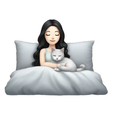 Pale skin girl black hair sleeping with light grey kitty sticker