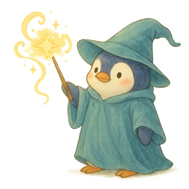 ghibli style penguin wizard casting a spell, soft colors sticker