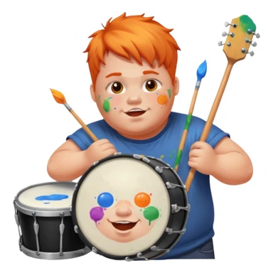 A chubby orange hair fan pounding a bass drum, cheeks puffing with energy with paints on his cheeks sticker