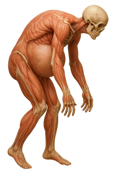 corpo umano anatomico realistico che si butta con la schiena e le spalle in avanti, pancia sporgente e postura delle spalle chiuse, isolato su sfondo bianco sticker