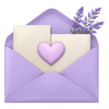 a closed pastel light whitish purple envelope wit a white heart doodle on it, with h some white papers, and lavender flowers laying on top  sticker