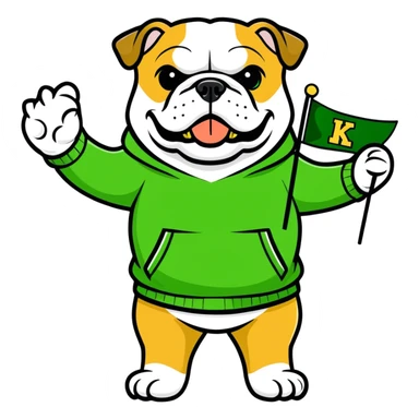 A bulldog wearing a green sweatshirt holding a little green flag sticker