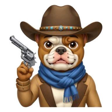 A bulldog wearing a cowboy hat, covering his mouth with a scarf so he wouldn't be recognized, pointing a revolver at you, telling you to hand over your money. sticker