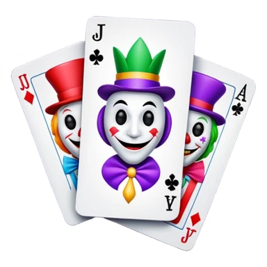 bunch of 3 poker cards, with crazy colorful jolly jokers inside, inversed face sticker