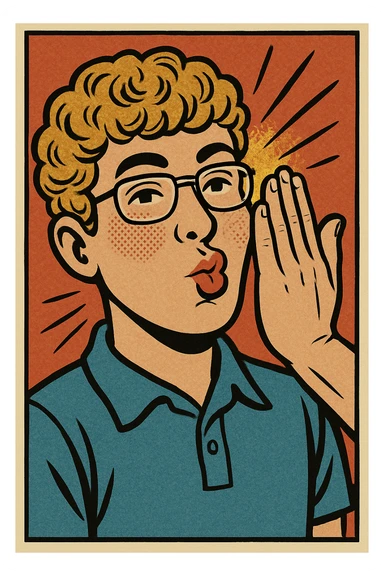 Make the boy look more like the reference photo with curly light brown hair, glasses, fair skin, and similar facial features in a comic book style. Show him getting slapped with dynamic motion lines to highlight the impact. sticker