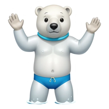 friendly anthropomorphised polar bear standing in a puddle of water, wearing loose board shorts, scuba mask over eyes, inflatable swimming armbands sticker