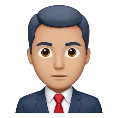 man wearing a dark blue-gray business suit with a white shirt and a red tie sticker