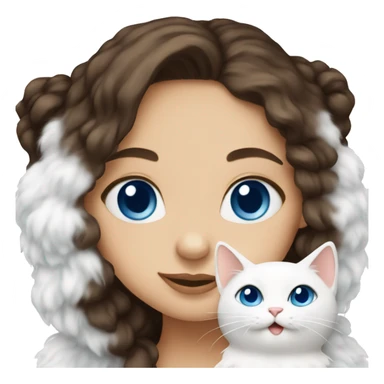 brunette with blue eyes holds a white fluffy cat  sticker