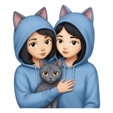 A Russian Blue Cat cuddling with a 25 year old black haired Girl with a hoodie on sticker