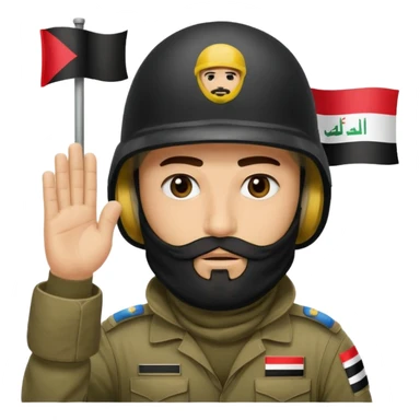 surrenders, depicts an Iraqi soldier from 1980, with a beard, in a helmet, a helmet with sign flag Iraq, with a balaclava, with sad eyes and both hands raised up sticker
