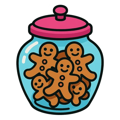 cartoonish glass cookie jar, pink lid, gingerbread cookies, isolated sticker