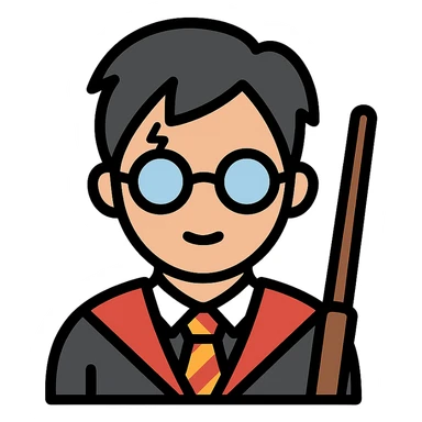 Harry Potter with glasses, lightning scar, and wand in color outline icon style sticker