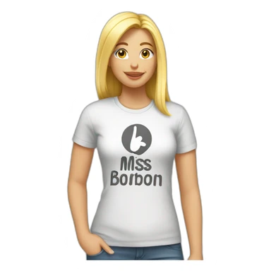 A blonde making the peace sign and wearing a t-shirt with the text "Miss Bourbon" sticker
