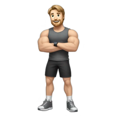 Full height realistic Actively gesturing with hands Pale skinned Fit Man With the biceps and brown hair in dark gray Sleeveless Mike, black oversize sports shorts, watch and white Sneakers sticker