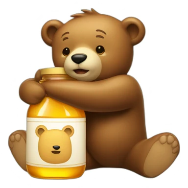 A bear hugs an honey bottle with love sticker