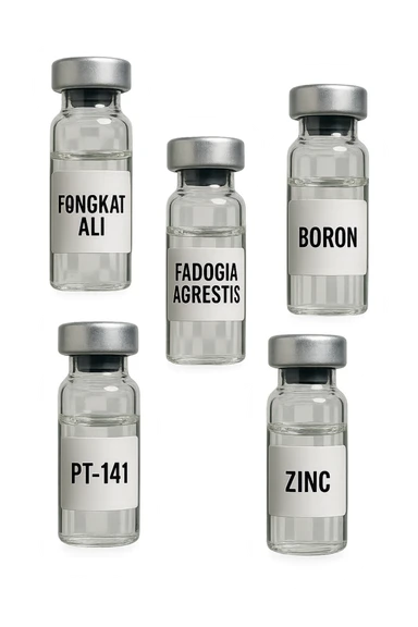 3 fiale mediche: Tongkat Ali, Fadogia Agrestis, PT-141, Boron e Zinco fluttuano in aria verticalmente sticker