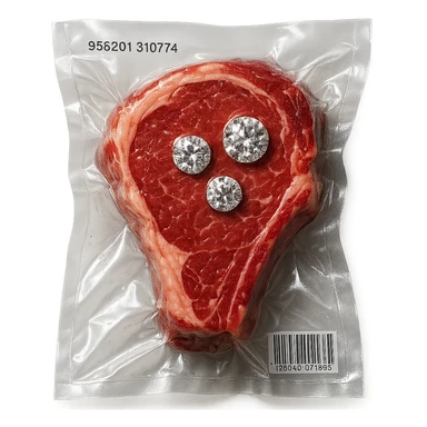 juicy steak with diamonds on top, shiny and inflated, vacuum-sealed style sticker