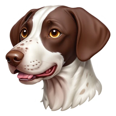 Cinematic Comical German Pointer Portrait Emoji, Head tilted dramatically with an exaggeratedly amused expression, featuring a striking liver and white coat with bold markings, wide, expressive brown eyes filled with playful disbelief, Simplified yet hilariously expressive features, highly detailed, glowing with a slightly sassy glow, high shine, dramatic yet playful, stylized with an air of cheeky charm, bright and endearing, soft glowing outline, capturing the essence of a spirited and over-the-top companion, so meme-worthy it feels like it could side-eye its way into internet fame instantly! sticker