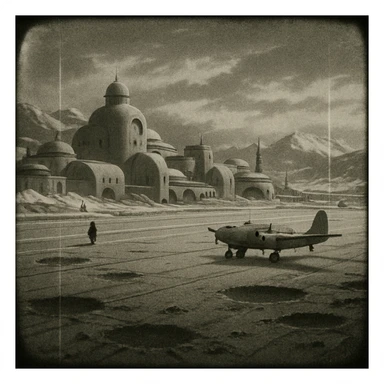 8mm film black and white, no color, light leaks. the image shows post-war reconstruction-era life in the z'rian commonwealth capital region, santa-fe neo-adobe futuristic architechture. arctic temperate region. the image shows a vast airstrip, craters and blast marks sticker