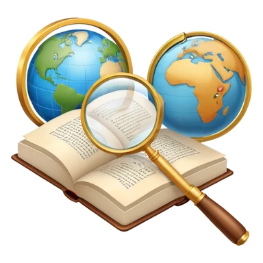 An icon featuring an open book, a speech bubble, and a magnifying glass, symbolizing philology and linguistics. The design includes language symbols, a globe, and alphabet letters, representing the study of languages and their structures. Transparent background  sticker