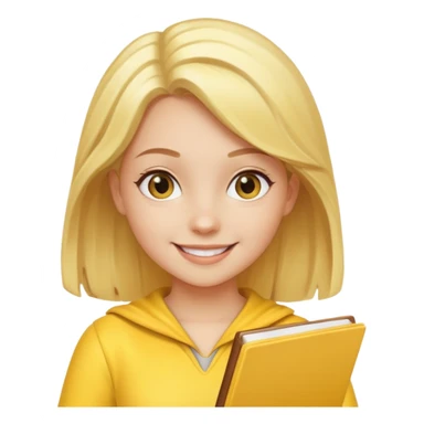 Девушка со светлыми волосами весёлая красивом костюме жёлтом сидит и планирует свое будущее  sticker