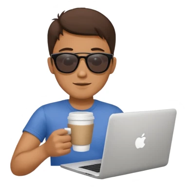 man wearing sunglasses holding a coffee cup and working on a laptop sticker