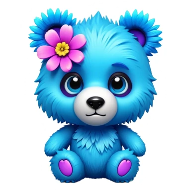 3D, adorable little Pixar style blue neon punk bear with a flower, ultra detailed, each lash, eye, and strand of fur is shown in stunning detail as though captured in a timeless photograph, rich textures, visually rich, so lifelike it feels like it could leap off the page at any moment sticker