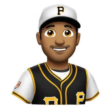 Hispanic man wears jersey and cap Pittsburgh pirates sticker