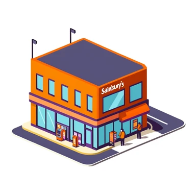 Isometric Sainsbury's Local smaller format store with orange facade, ATM outside, and pedestrians with shopping bags sticker