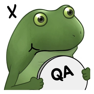 funny frog head emoji holding a sign on top that says 'QA', the sign and letters are very obvious sticker