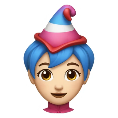 A jester with a round white head,pink blush – red and blue pinwheel eyes and a red and blue jester outfit. her pupils are red and blue pupils. She has a jester hat, and brown short hair sticker