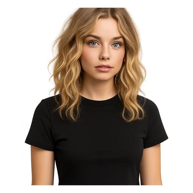 girl with wavy blonde hair, blue eyes, nose ring on left, black cropped shirt, modern style sticker