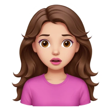 girl with long wavy brown hair, brown eyes, light to medium complexion, in a pink shirt, pink lips, long lashes, surprised, wow sticker