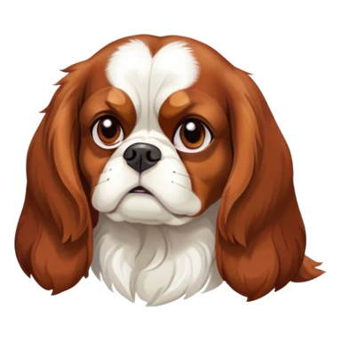 Cinematic Meme-Worthy Grumpy Blenheim Cavalier King Charles Spaniel Portrait Emoji, Head held high but eyes filled with dramatic disappointment, smooth Blenheim coat with striking chestnut and white patches, deeply furrowed brow forming an unmistakable scowl, floppy ears slightly angled back in disapproval, piercing brown eyes glaring with pure exasperation, Simplified yet hilariously over-exaggerated features, highly detailed, glowing with an aura of supreme annoyance, high shine, exhausted yet judgmental, stylized with an almost regal pettiness, bright but brooding, soft glowing outline, capturing the essence of a companion that has seen it all and is thoroughly unimpressed, so meme-worthy it feels like it could instantly become the next viral sensation of grumpiness! sticker