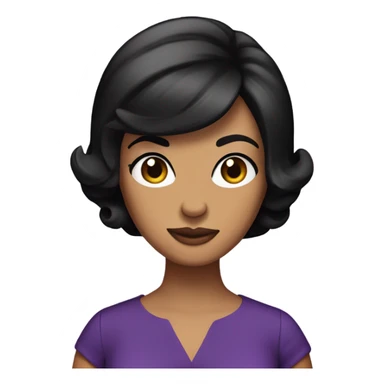 Tanned woman with short black hair wearing 60s style purple dress and hair sticker