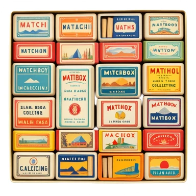 Icon for Matchbox Collecting: a collection of vintage and colorful matchboxes from different places, neatly displayed in a row or in a display case. The icon should reflect the uniqueness and diversity of matchbox collecting. Transparent background. sticker