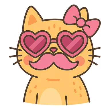 cat with pink heart sunglasses, pink moustache, and pink bow in pastel toon style sticker