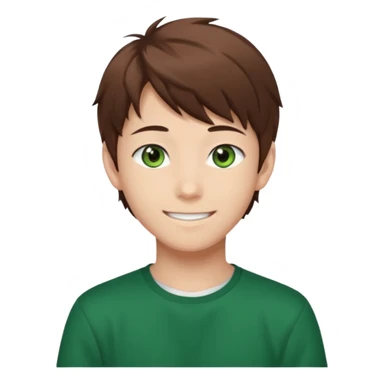 the face of an Anime asian style teen boy with brown hair, green eyes, looking smiling slightly sideways positioned. Face must be main filling of the emoji.  128px sticker