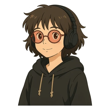 ghibli style tan brunette girl with a short wolf haircut, round ruby glasses, black headphones, and a black hoodie sticker