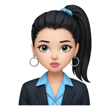 generate a pretty bratz girl with black hair tied up in a single ponytail. wearing a light blue full sleeve shirt and a black blazer over it. silver small hoops, pink lipgloss.  sticker