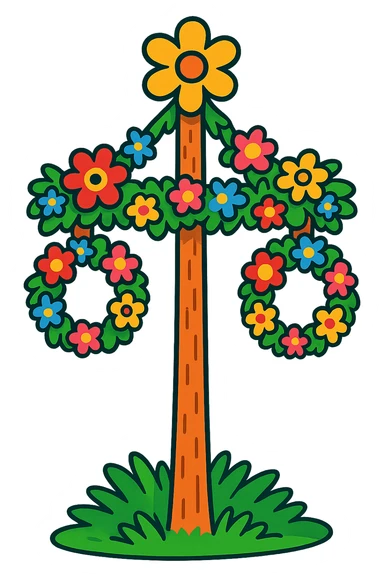 whimsical midsommarstång (maypole) with exaggerated floral decorations, playful proportions, bright cartoonish look sticker